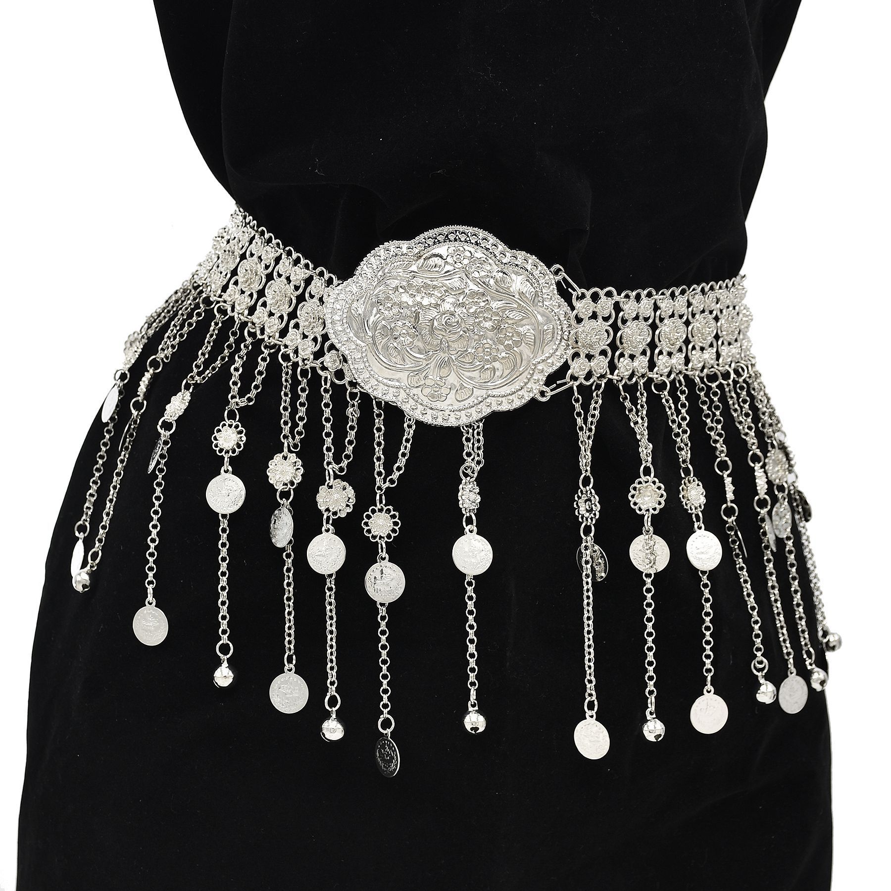 Body Jewelry Indian - Versilberter marokkanischer Kaftan-Gürtel mit geometrischen Münzen
