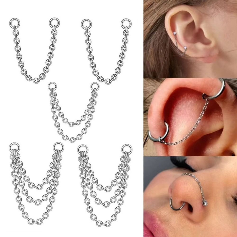 Body Jewelry Ear Piercing - Titan-Nasenketten: Dreilagige Doppelketten-Nasenloch-Kette, DIY 25-50mm Labret-Kette,
