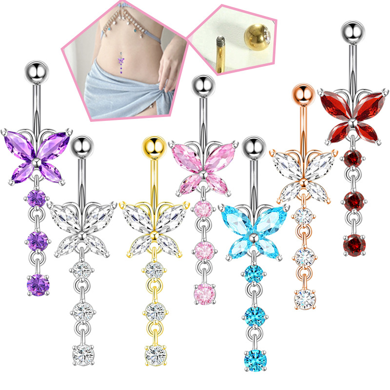 Body Jewelry Belly Button Rings - 14GA Goldener Schmetterling mit Hängender Blume