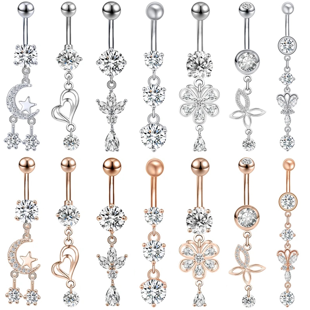 Body Jewelry Real Gold - ZS 14G 1PC Zirkon Blume Bauch