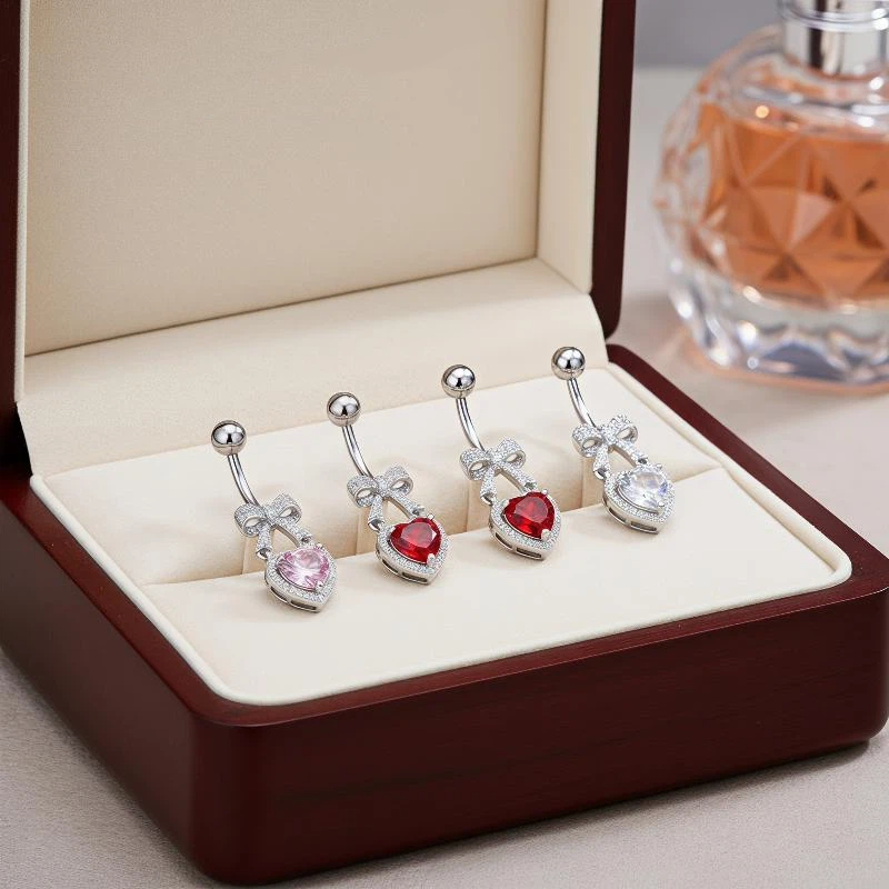 Body Jewelry Belly Button Rings - Hypoallergene Bauchnabelringe aus Edelstahl mit CZ-Herz-Schleifen-Design